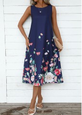 Navy Breathable Floral Print A Line Sleeveless Dress | thumb picture 