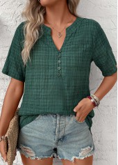 Blackish Green Button Plaid Short Sleeve Split Neck Blouse | thumb picture 