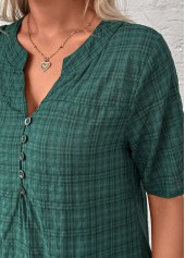 Blackish Green Button Plaid Short Sleeve Split Neck Blouse | thumb picture 