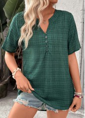 Blackish Green Button Plaid Short Sleeve Split Neck Blouse