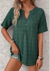 Blackish Green Button Plaid Short Sleeve Split Neck Blouse | thumb picture 