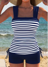 Patchwork Drawstring Striped Navy Tankini Set