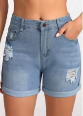 Denim Blue Button Regular High Waisted Shorts