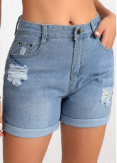 Denim Blue Button Regular High Waisted Shorts | thumb picture 