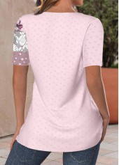 Pink Patchwork Short Sleeve Asymmetrical Neck Blouse | thumb picture 