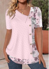 Pink Patchwork Short Sleeve Asymmetrical Neck Blouse