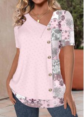 Pink Patchwork Short Sleeve Asymmetrical Neck Blouse | thumb picture 