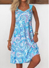 Light Blue Tummy Coverage Paisley Print Sleeveless Dress