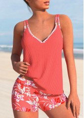 Contrast Binding Floral Print Coral Tankini Set