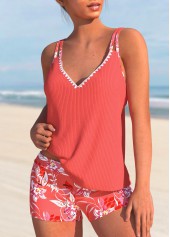 Contrast Binding Floral Print Coral Tankini Set | thumb picture 