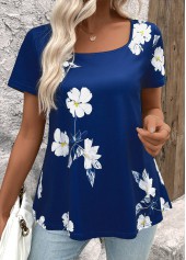 Dark Blue Floral Print Short Sleeve T Shirt | thumb picture 