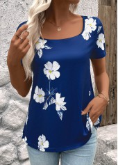 Dark Blue Floral Print Short Sleeve T Shirt