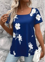 Dark Blue Floral Print Short Sleeve T Shirt | thumb picture 