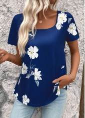 Dark Blue Floral Print Short Sleeve T Shirt | thumb picture 