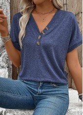 Navy Button Short Sleeve V Neck Blouse | thumb picture 