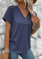 Navy Button Short Sleeve V Neck Blouse | thumb picture 
