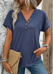 Navy Button Short Sleeve V Neck Blouse | thumb picture 