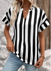 Black Patchwork Striped Short Sleeve Split Neck Blouse | thumb picture 