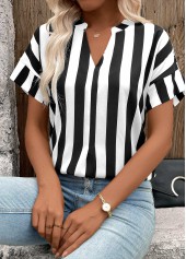 Black Patchwork Striped Short Sleeve Split Neck Blouse | thumb picture 