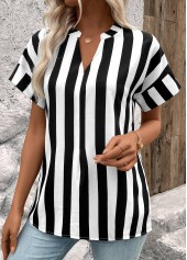 Black Patchwork Striped Short Sleeve Split Neck Blouse | thumb picture 