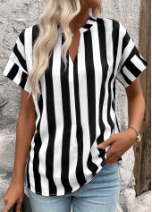 Black Patchwork Striped Short Sleeve Split Neck Blouse