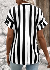 Black Patchwork Striped Short Sleeve Split Neck Blouse | thumb picture 
