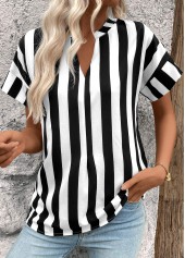 Black Patchwork Striped Short Sleeve Split Neck Blouse | thumb picture 