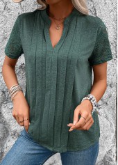 Green Pleated Short Sleeve Split Neck T Shirt | thumb picture 