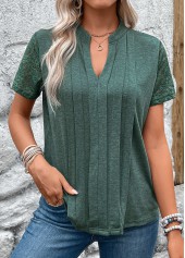 Green Pleated Short Sleeve Split Neck T Shirt | thumb picture 