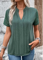Green Pleated Short Sleeve Split Neck T Shirt
