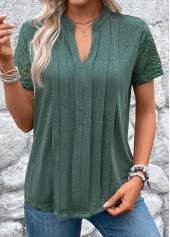 Green Pleated Short Sleeve Split Neck T Shirt | thumb picture 