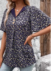 Navy Button Ditsy Floral Print Short Sleeve T Shirt