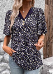 Navy Button Ditsy Floral Print Short Sleeve T Shirt
