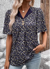 Navy Button Ditsy Floral Print Short Sleeve T Shirt