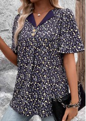 Navy Button Ditsy Floral Print Short Sleeve T Shirt