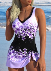 Patchwork Floral Print Light Purple One Piece Swimdress | thumb picture 