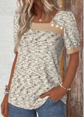 Light Coffee Button Short Sleeve Asymmetrical Neck T Shirt | thumb picture 