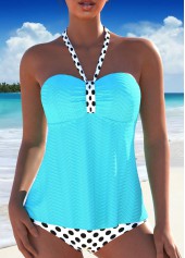 Ruched Polka Dot Light Blue Tankini Set