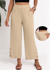 Beige Split Elastic Waist High Waisted Pants