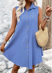 Denim Blue Button A Line Sleeveless Shirt Collar Dress | thumb picture 