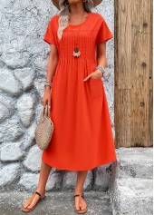 Neon Red Pleated Short Sleeve Round Neck Dress