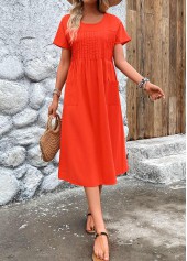 Neon Red Pleated Short Sleeve Round Neck Dress | thumb picture 