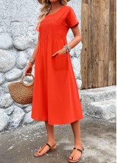 Neon Red Pleated Short Sleeve Round Neck Dress | thumb picture 