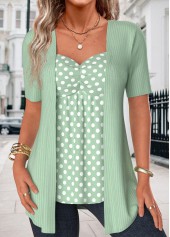 Green Polka Dot Short Sleeve Fake Two Piece Twinset