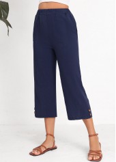 Navy Button Elastic Waist High Waisted Pants | thumb picture 