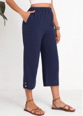 Navy Button Elastic Waist High Waisted Pants | thumb picture 