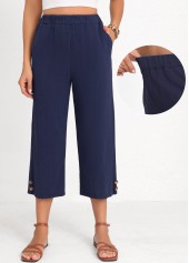 Navy Button Elastic Waist High Waisted Pants