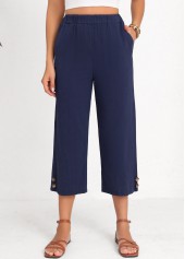 Navy Button Elastic Waist High Waisted Pants | thumb picture 