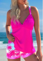 Smocked Tropical Plants Print Hot Pink Tankini Set