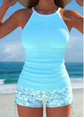Contrast Binding Paisley Print Cyan Tankini Set